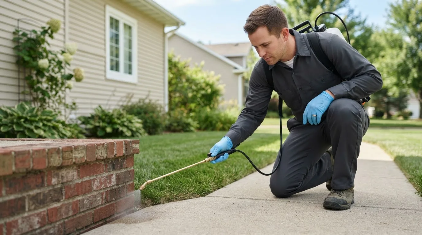 Pest control technician treating a home near Goshen, IN