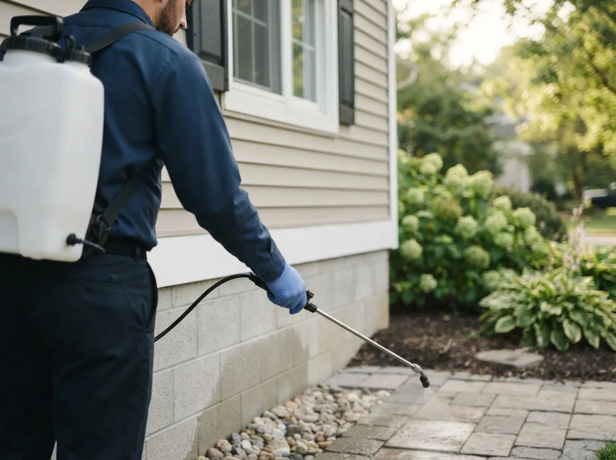 Pest control technician inspecting a home in Goshen, IN